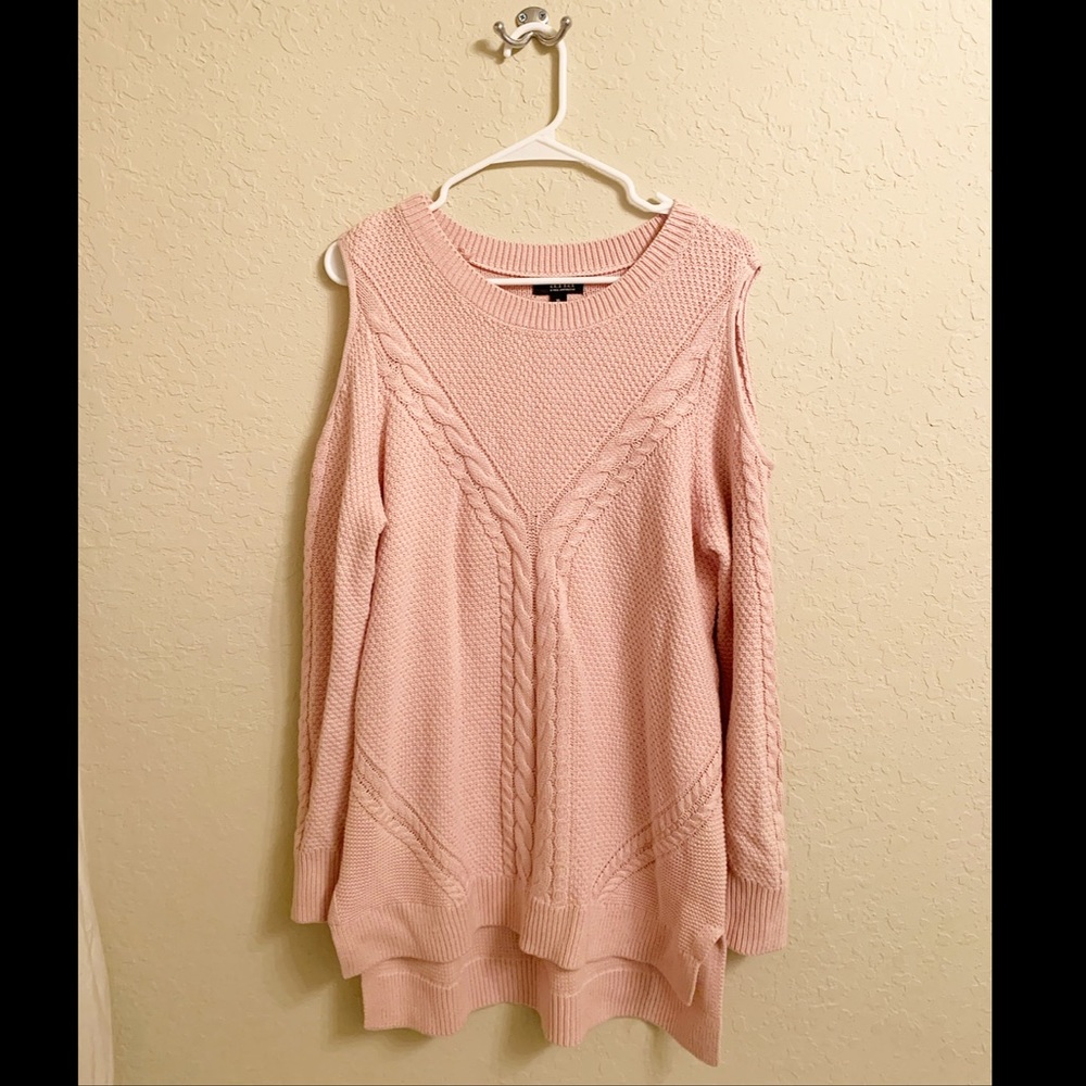 Open Shoulder Pink Cable Knit Sweater